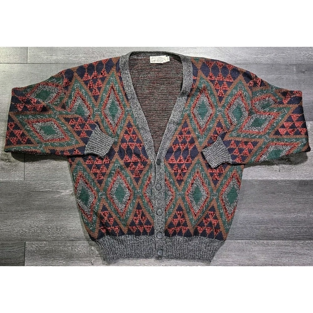 VTG Sears Roebuck Co Knit Cardigan Sweater XL Gray Argyle Wool Blend 80s Grandpa